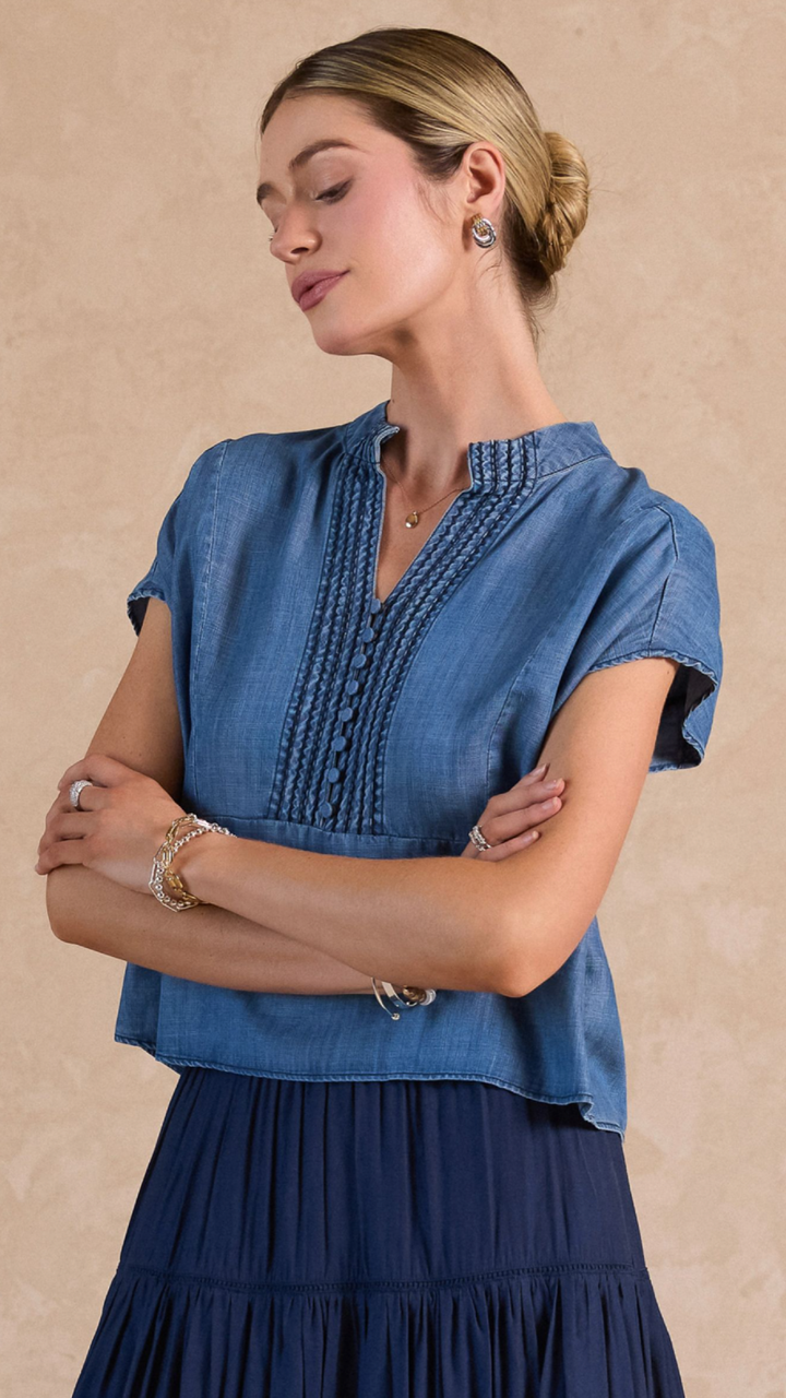 Flutter Short Sleeve Chambray Top