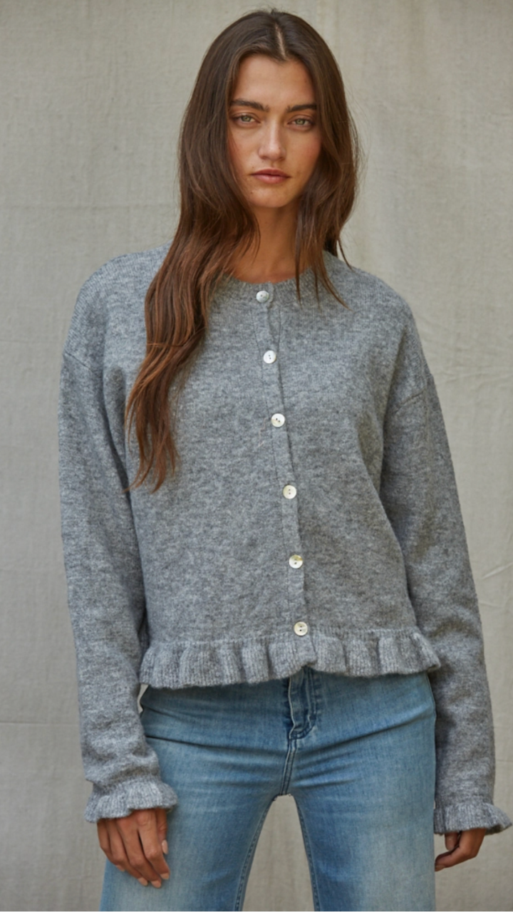 Heather Grey Ruffled Bottom Cardigan Sweater