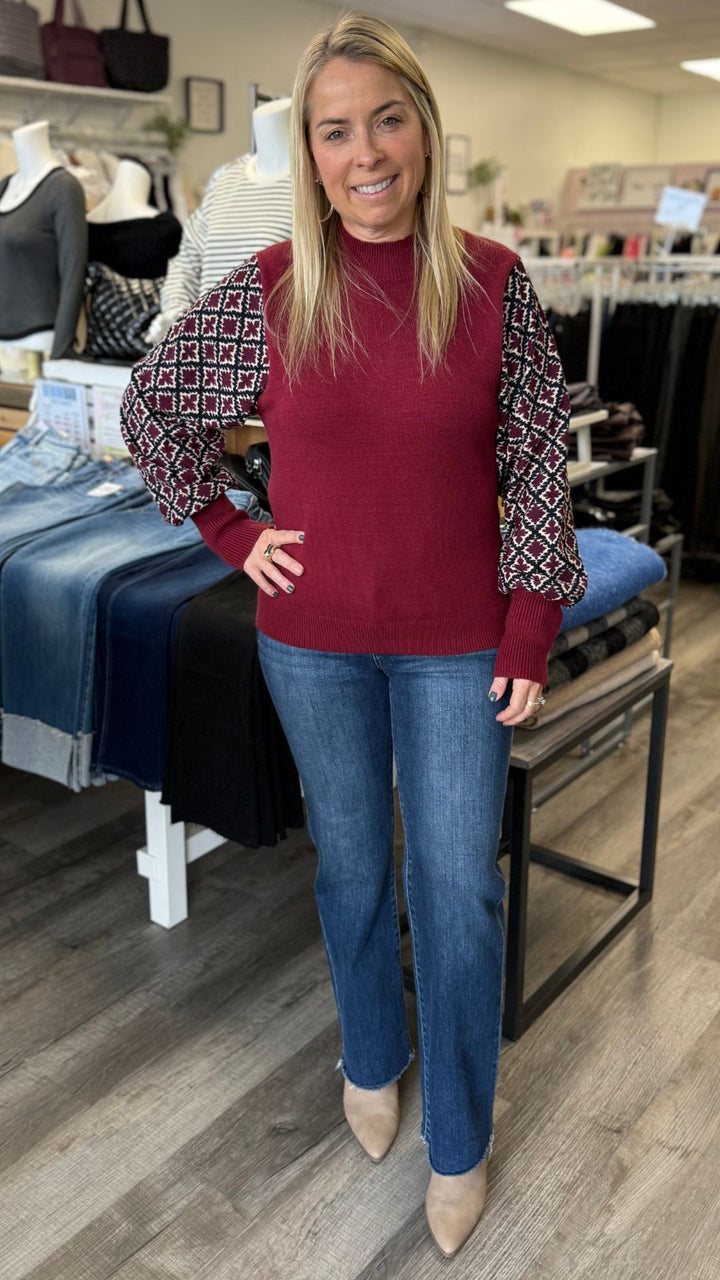 Burgundy Mixed Media Knit Top