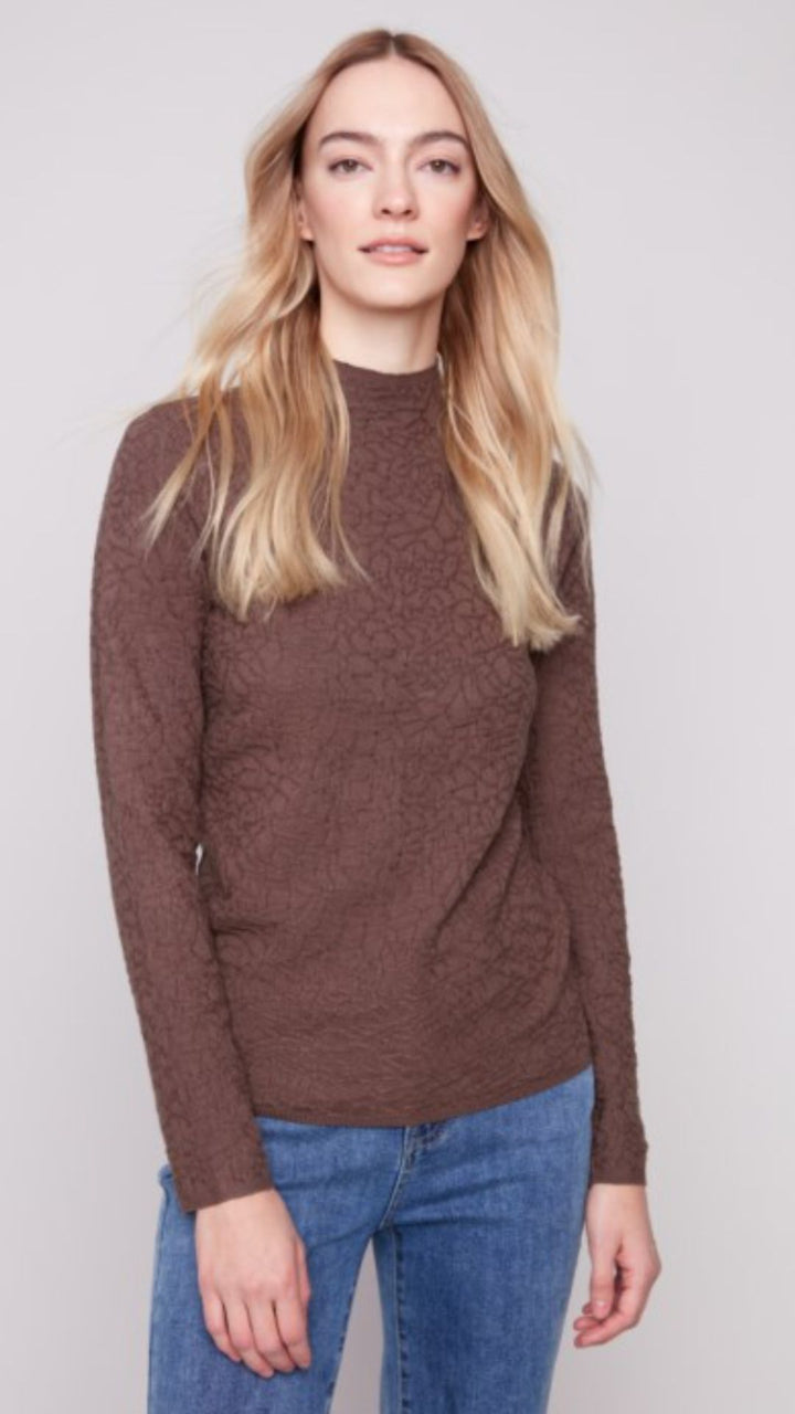 Mocha Mock Neck Textured Knit Sweater