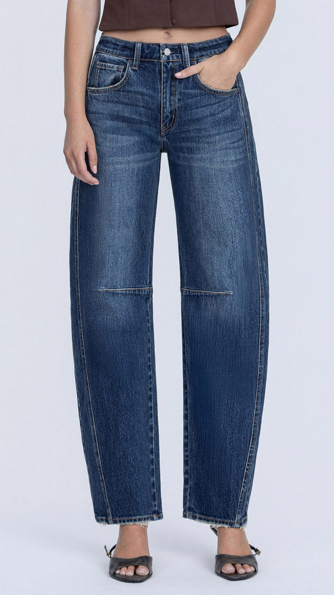 High Rise Dark Wash Non Stretch Denim Barrel Jeans