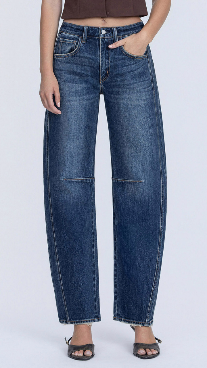 High Rise Dark Wash Non Stretch Denim Barrel Jeans