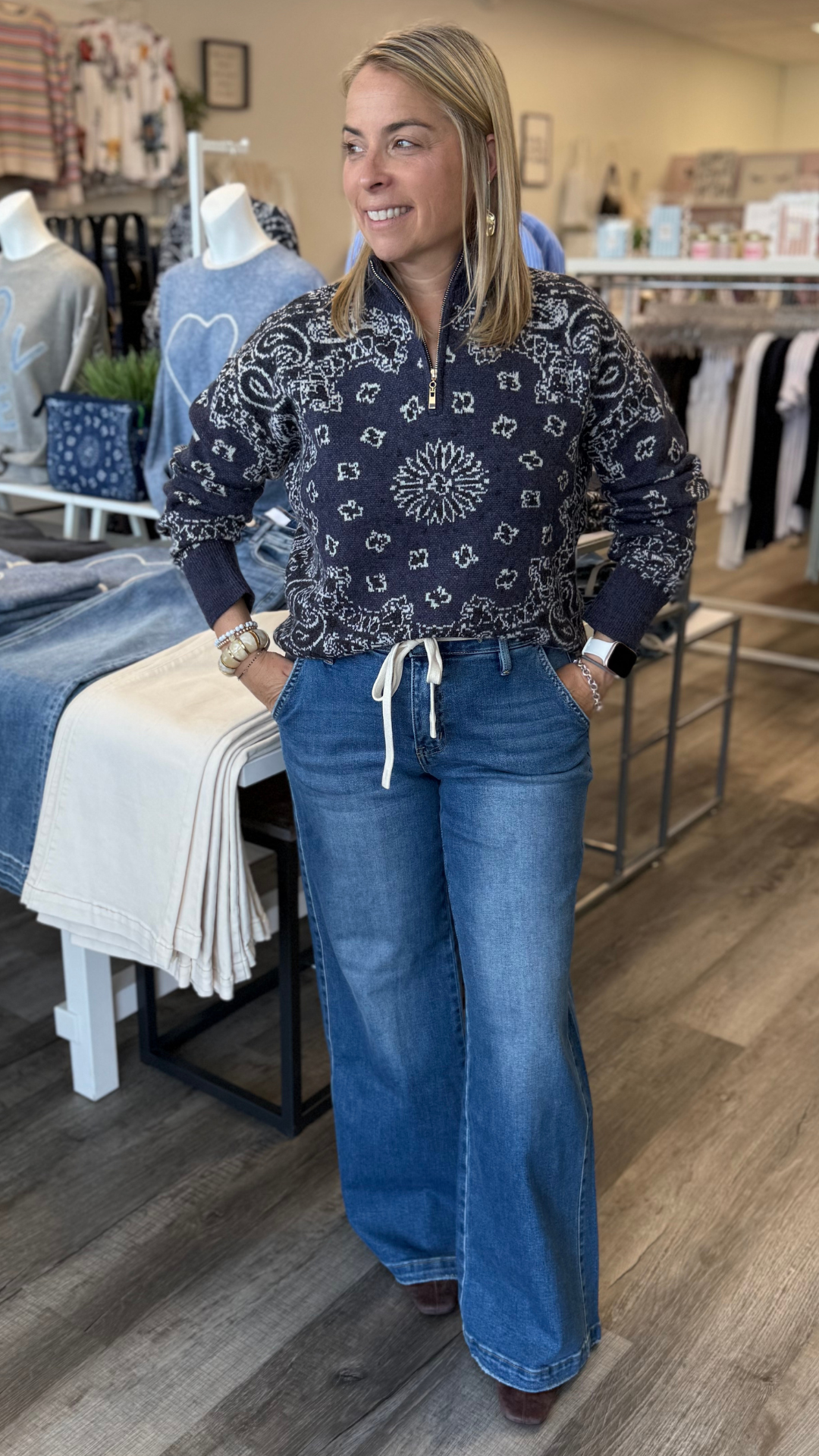 High Rise Medium Wash Waist Tie Twist Wide Leg Jeans