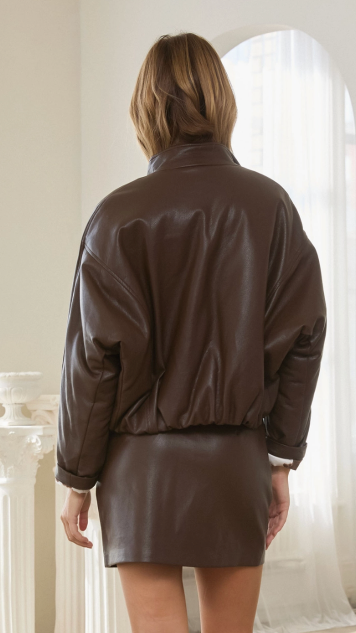 Brown Faux Leather Padded Bomber Jacker