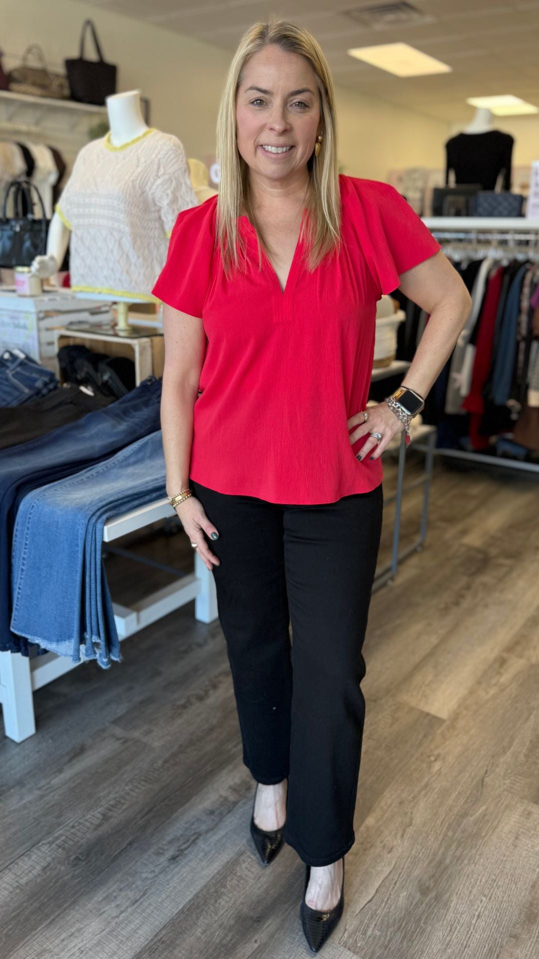 Red Pin Tuck Pleated Detail Blouse