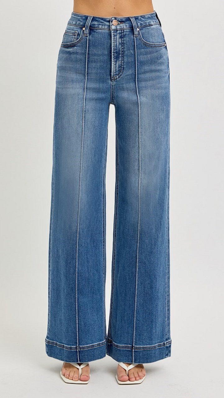 High Rise Tummy Control Medium Wash Wide Pintuck Leg Jeans