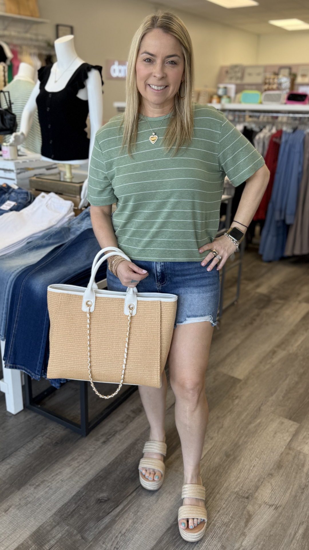 Sage And White Stripe Cotton Linen Top