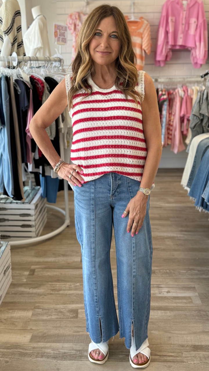Mid Rise Tummy Control Medium Wash Crop Wide Front Slit Jeans