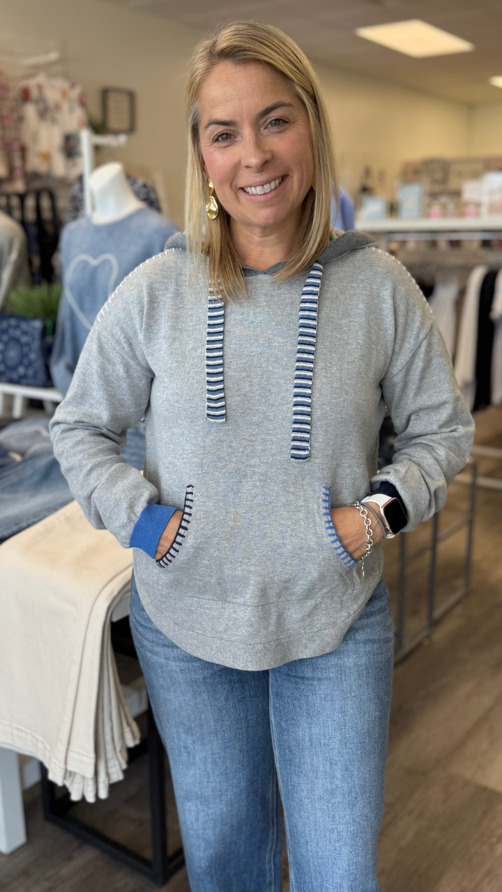 Blue Contrast Detail Hooded Sweater