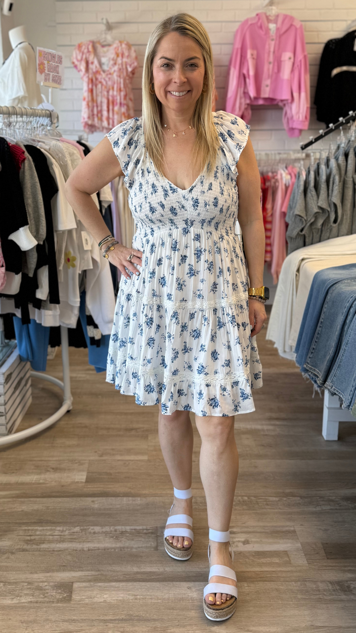 Ivory V Neck Smocked Bodice Lace Trim Dress