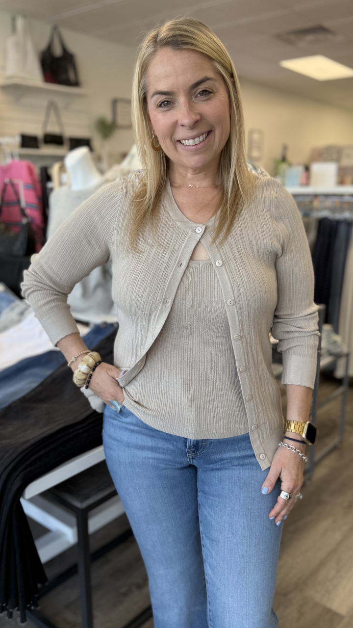 Taupe Ribbed Cardigan With Tank Set