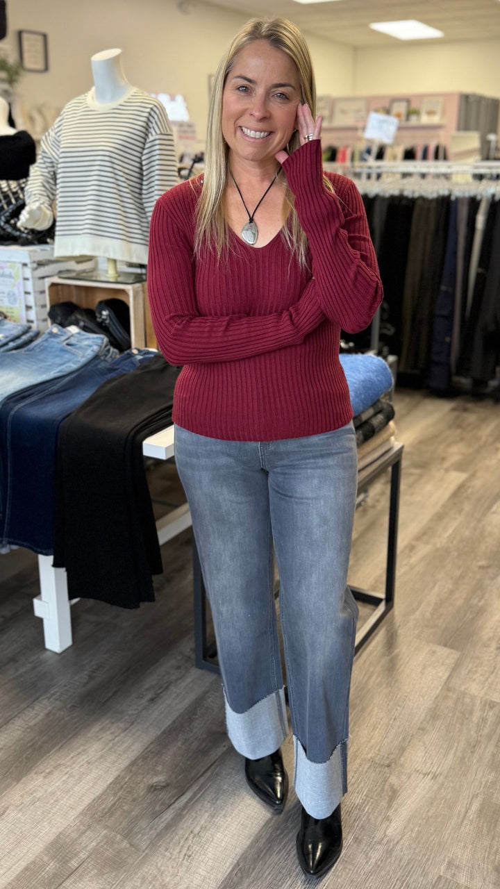 Red V Neck Fitted Light Sweater