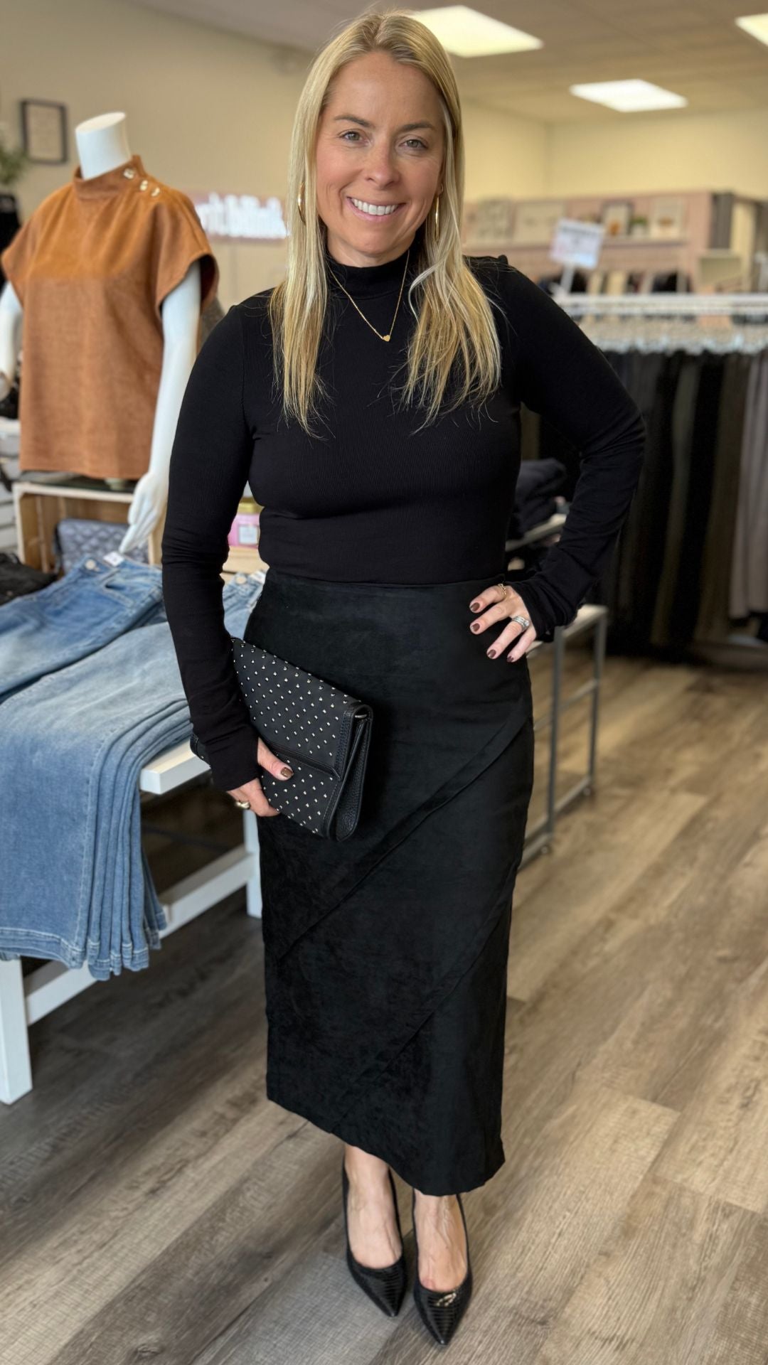 Black Suede Wrap Detail Midi Skirt