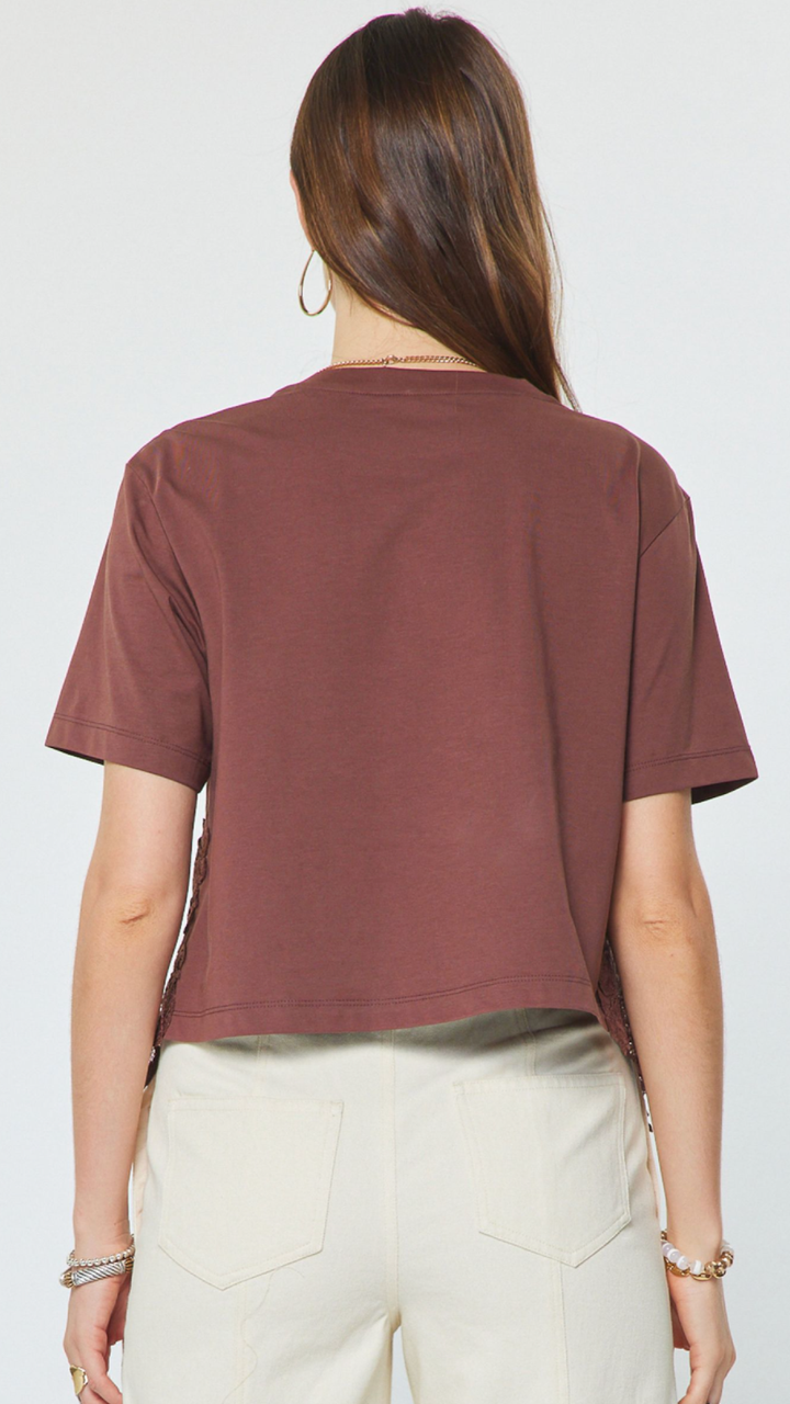 Brown Asymmetric Lace Hem Top