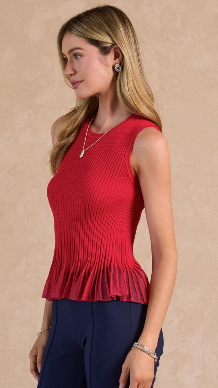 Ribbed Sheer Flared Peplum Hem Tank