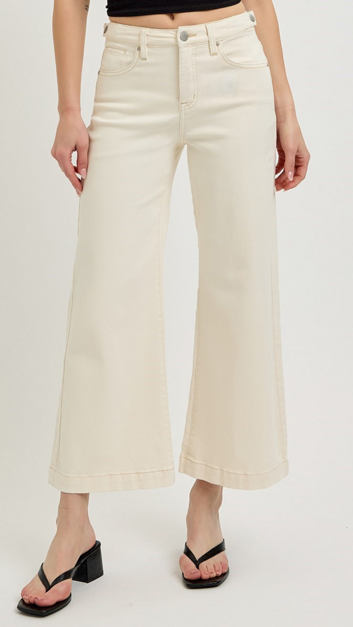High Rise Ivory Tummy Control Crop Wide Adjustable Waistband Jeans