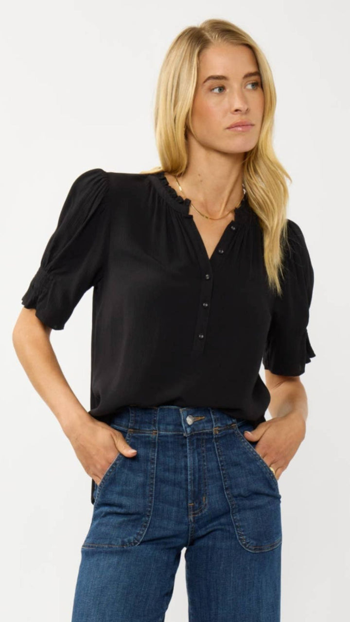 Short Puff Sleeve Crinkled Button Top