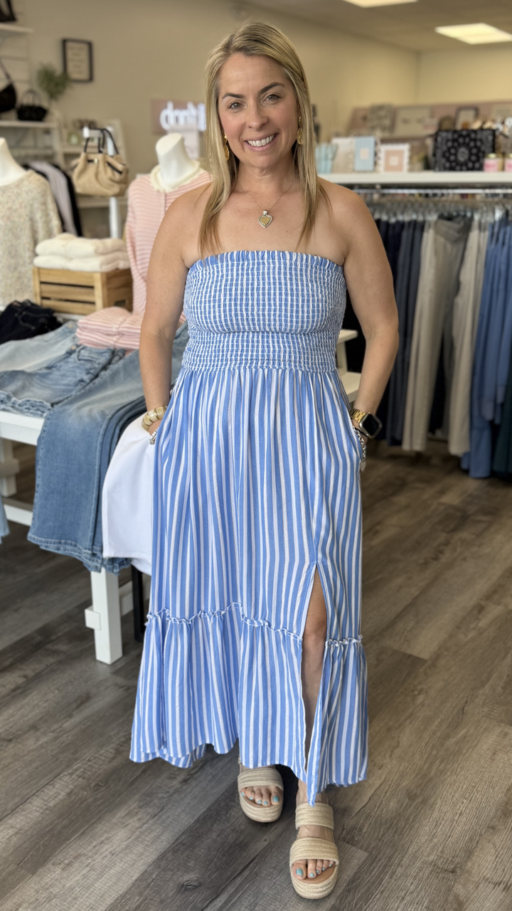 Striped Smocked Bodice Strapless Maxi Dress