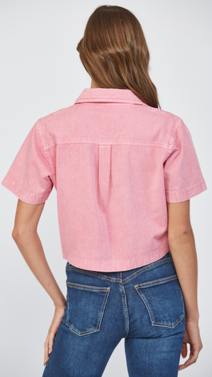 Pink Lapel Collar Denim Top