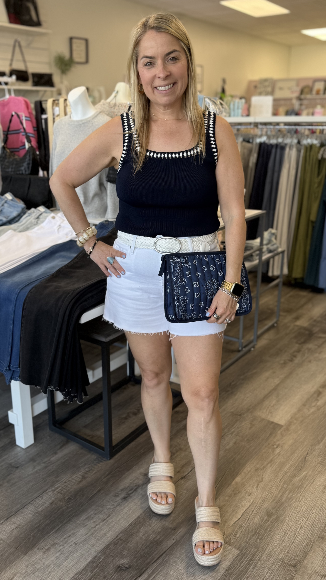 Navy Square Neck Ribbed Sweater Tank With White Crochet Trim