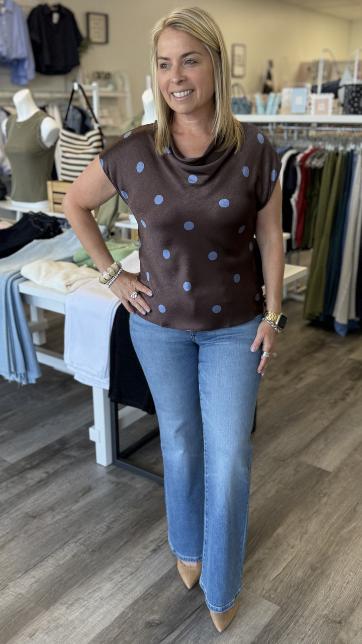 Polka Dot Draped Cowl Neck Blouse