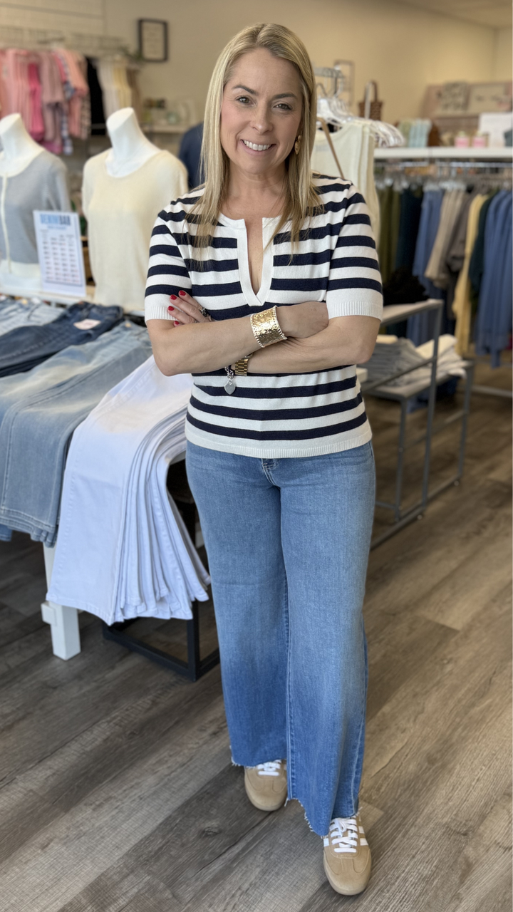 Cream And Navy Stripe Polo Top