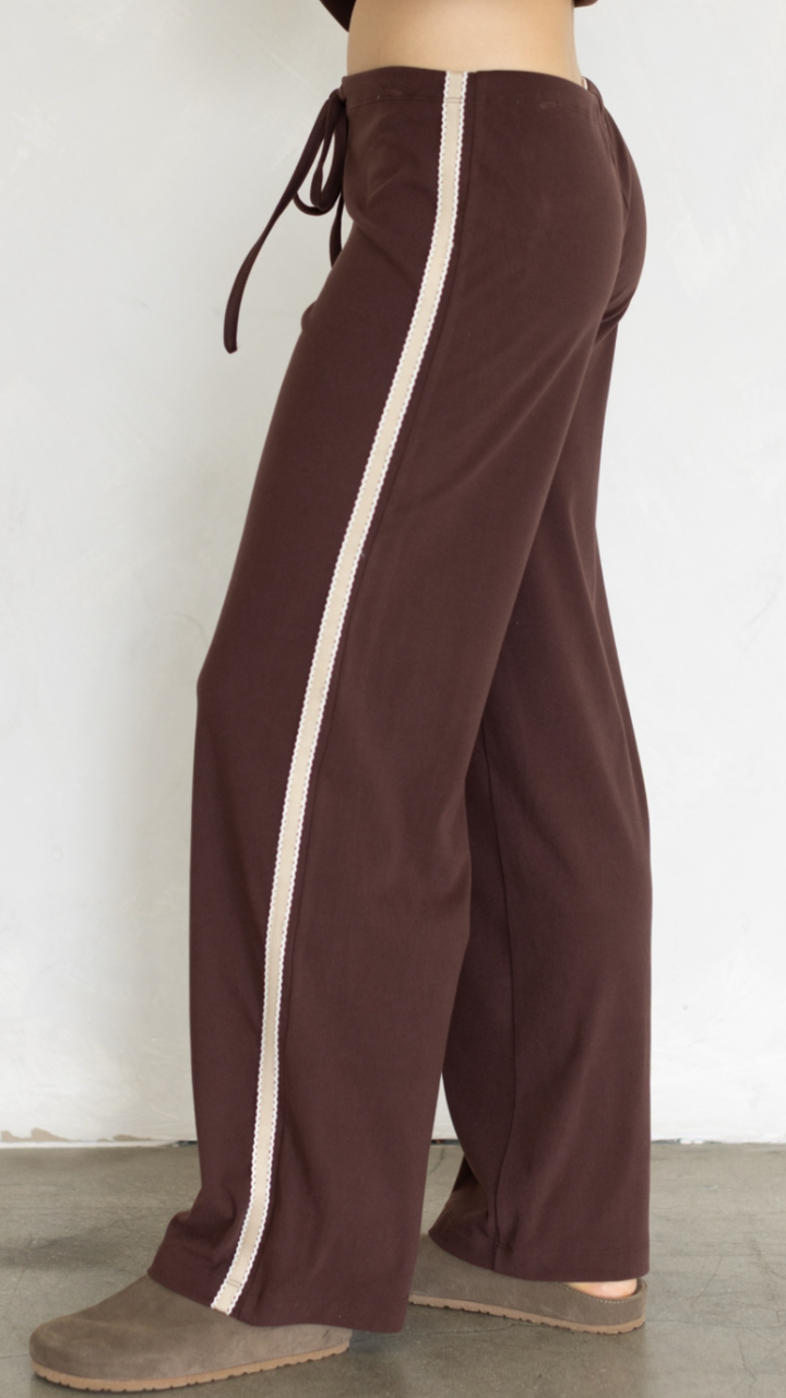 Chocolate Cardigan And Cream Side Stripe Knit Pants Set