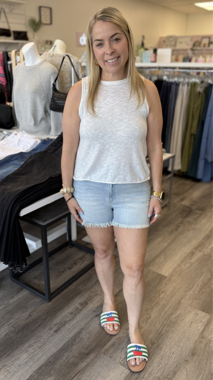 White Sleeveless Slub Knitted Top With Rolled Hem Detail