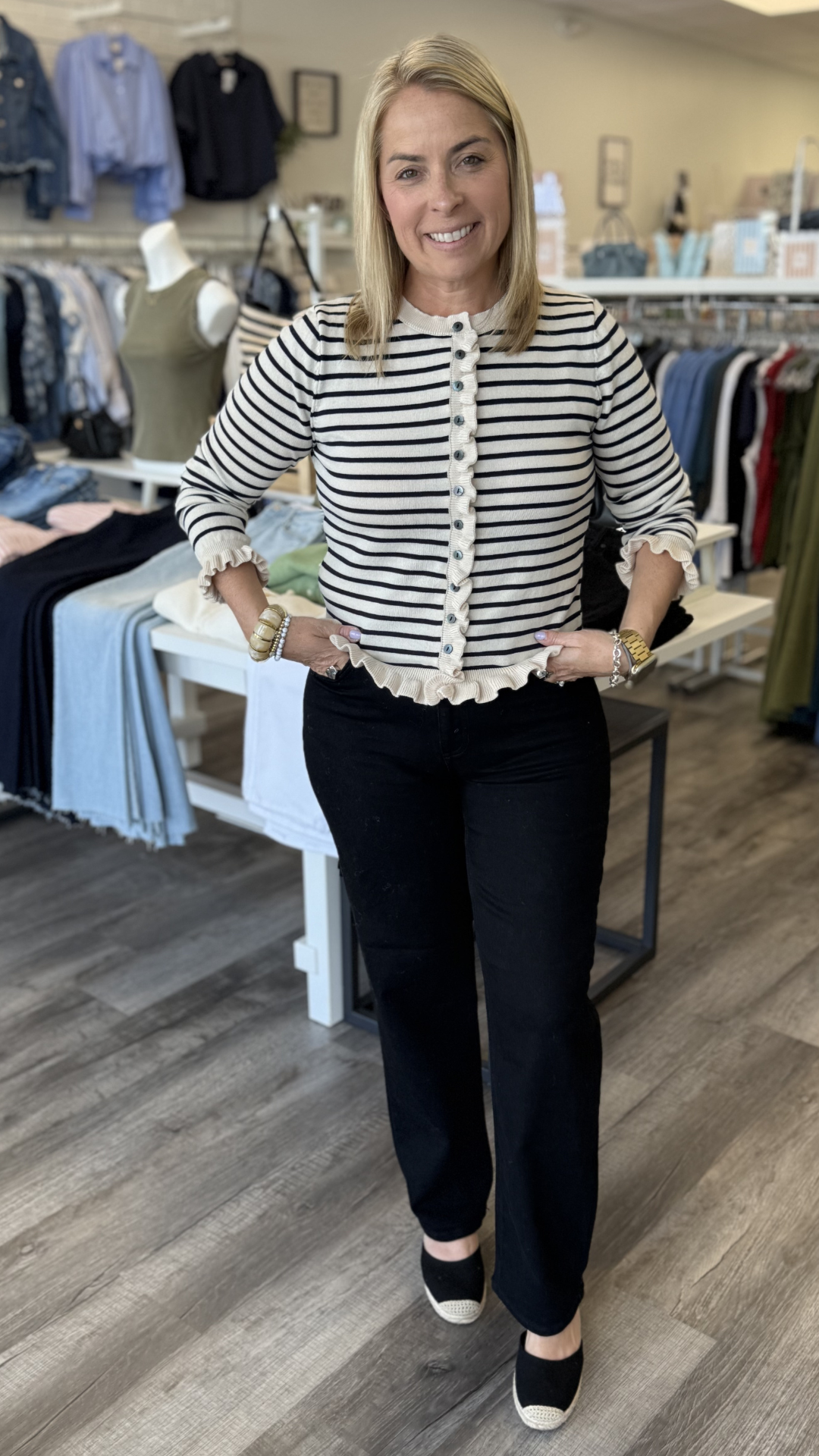 Natural Black Lettuce Trim Cardigan