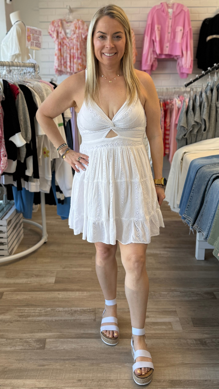 White Eyelet Embroidered V Neck Twist Front Dress