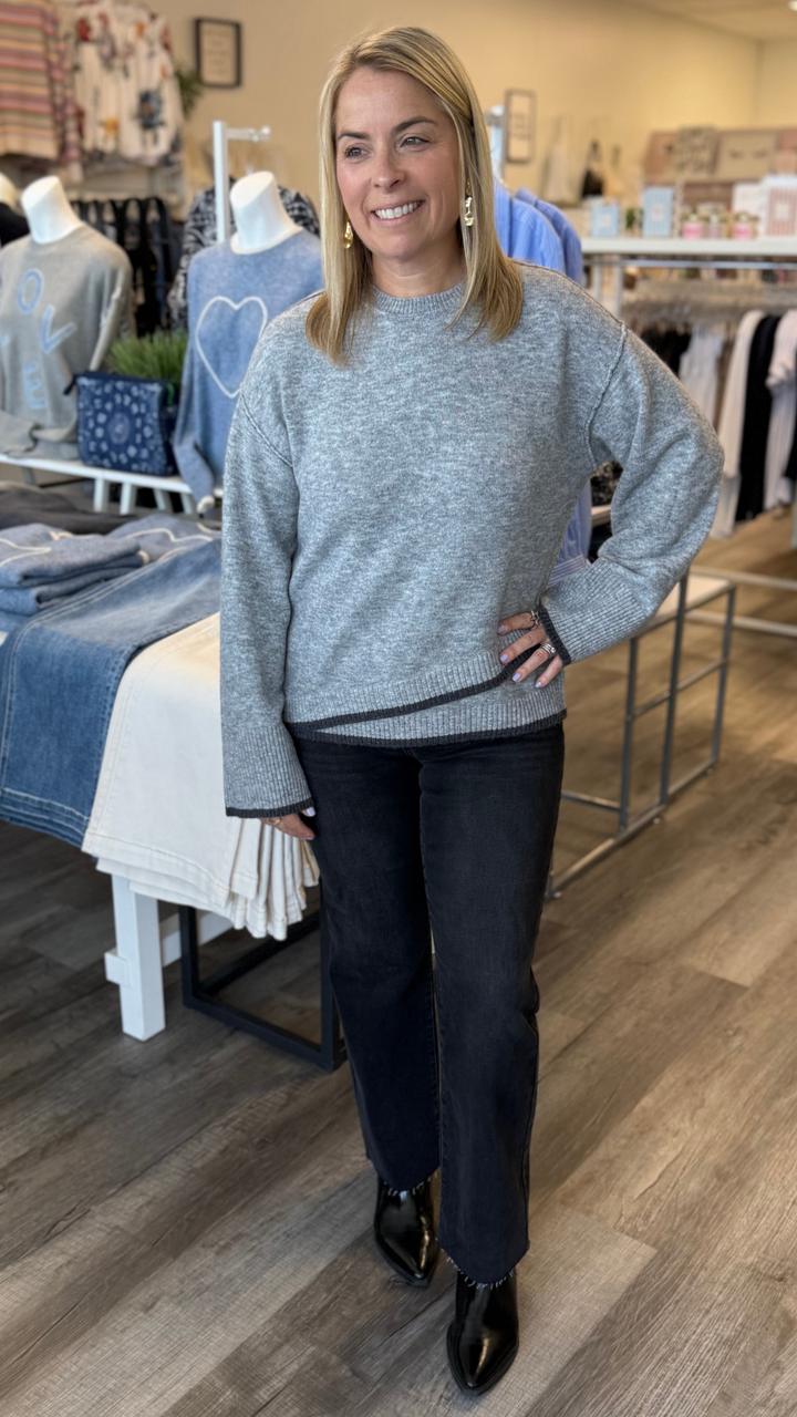 Grey Contrast Trim Crew Neck Sweater