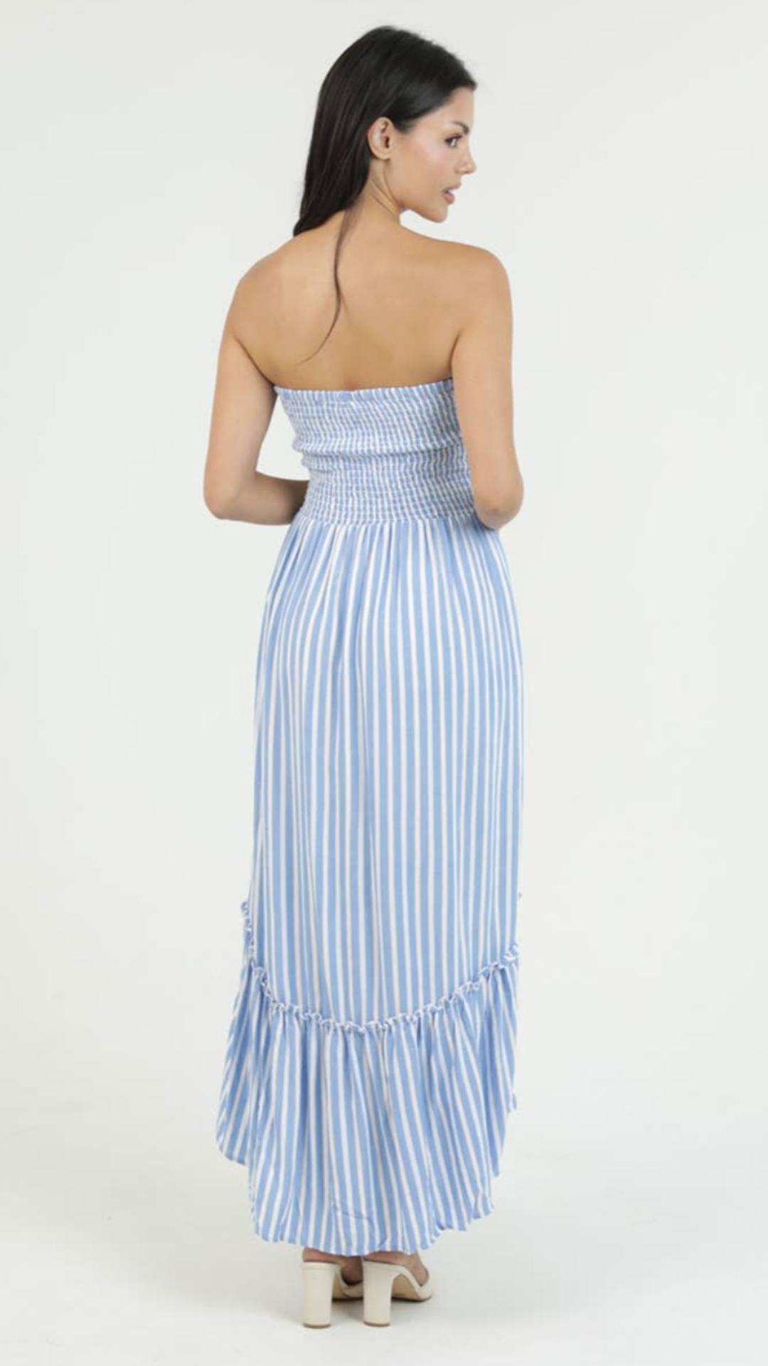 Striped Smocked Bodice Strapless Maxi Dress