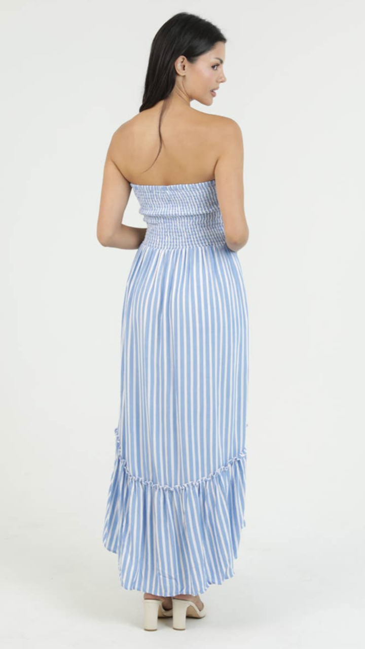 Striped Smocked Bodice Strapless Maxi Dress
