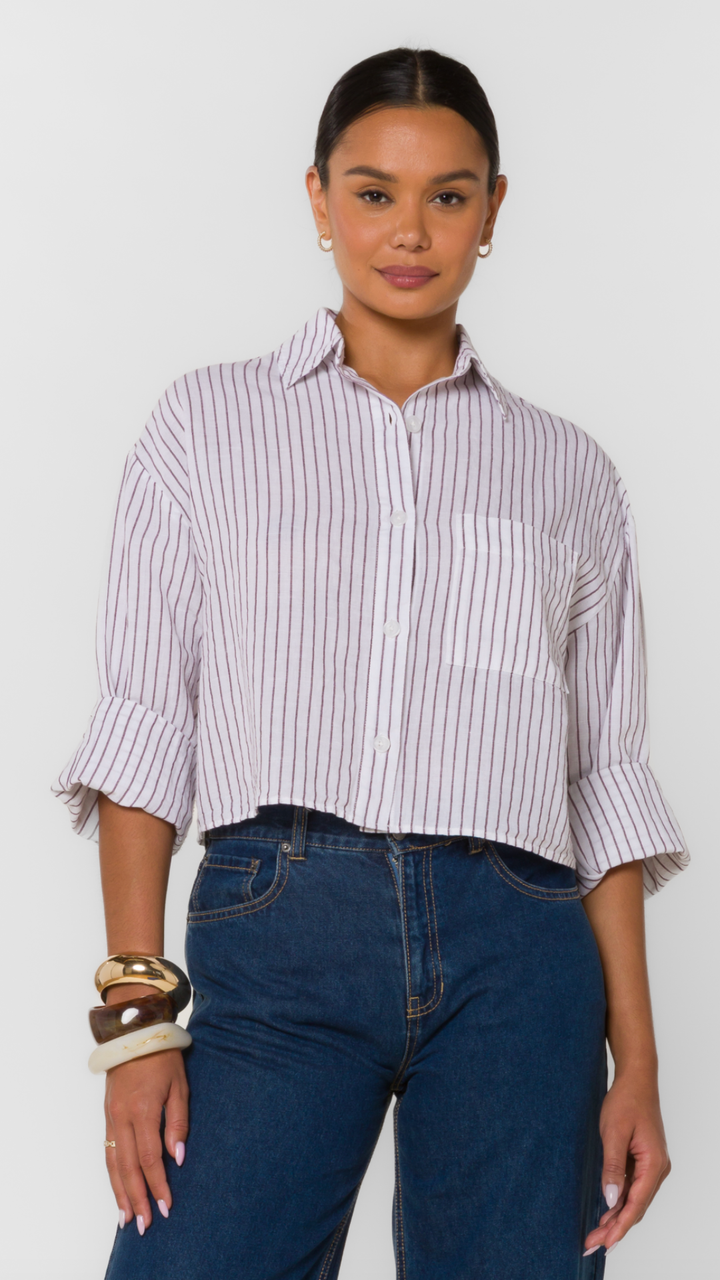 Berry Wine Cuffed Sleeve Crop Shirt