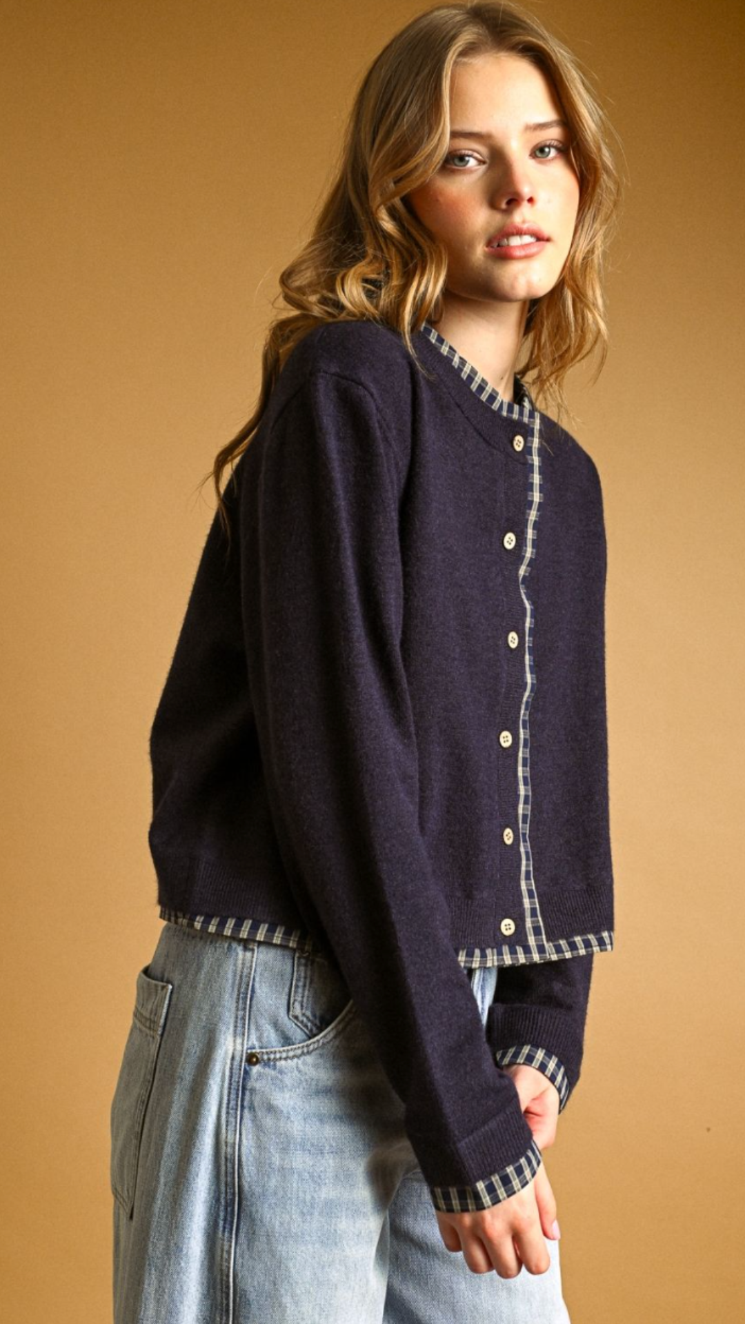 Plaid Contrasted Button Front Cardigan