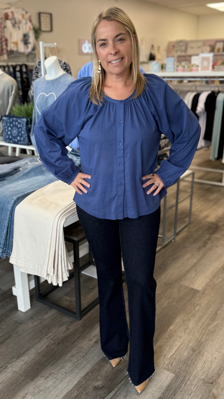 Navy Cotton Bubble Sleeve Blouse