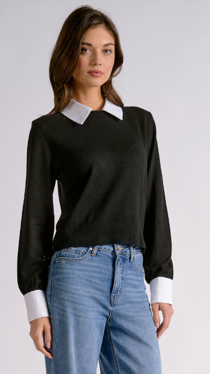 Black Sweater With Poplin Collar And Cuff Detail