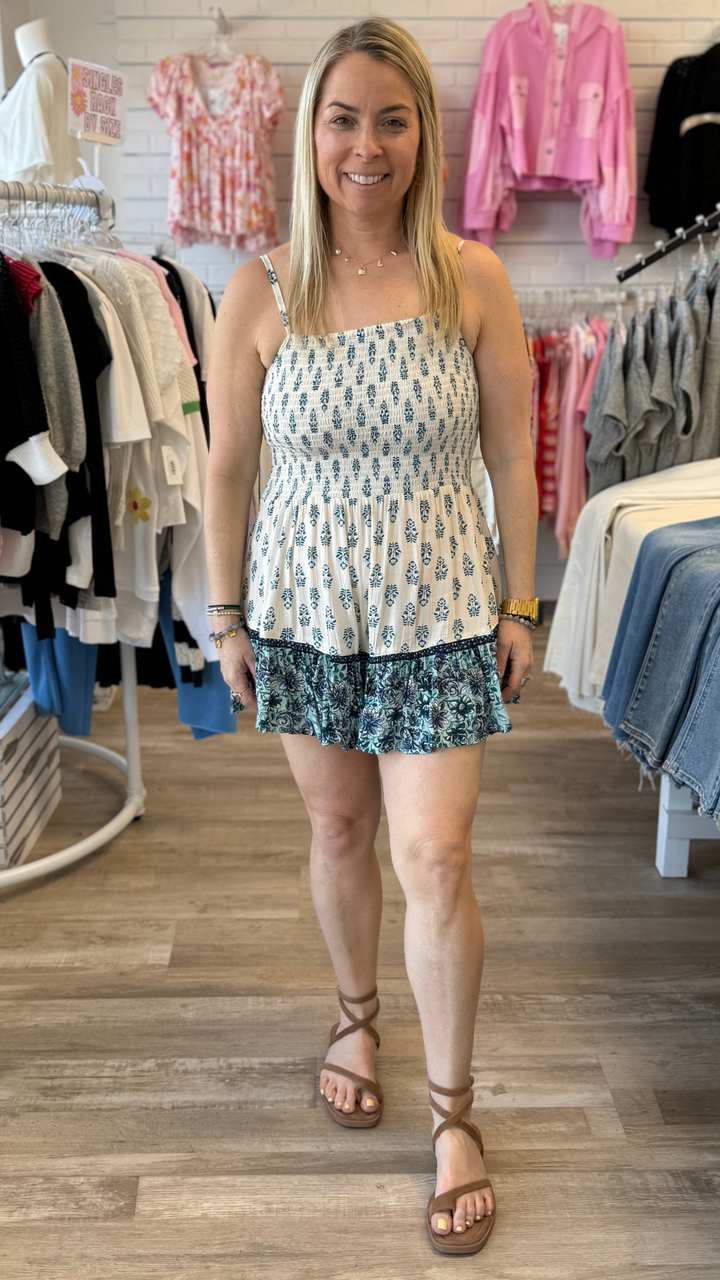 Lapis Smocked Bodice Romper