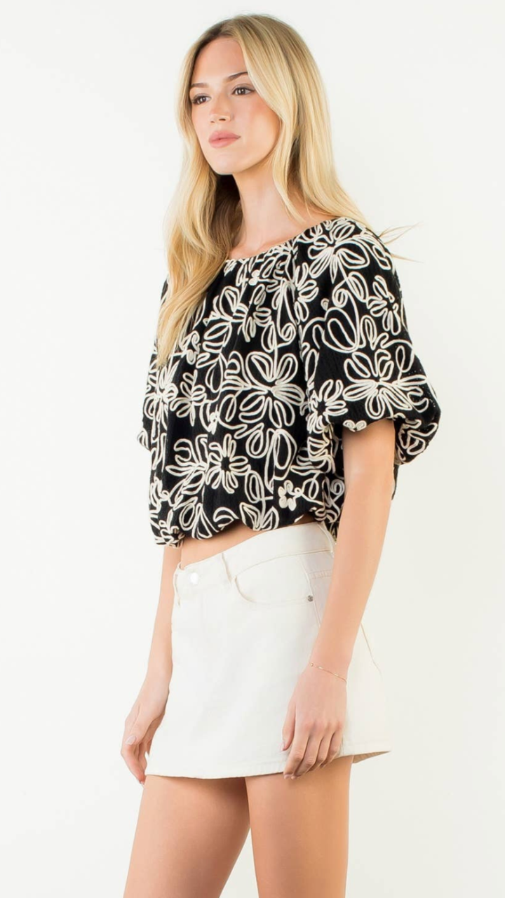 Black Puff Sleeve Floral Embroidery Detail Top