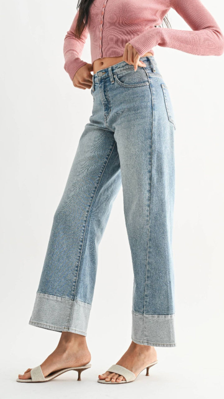 High Rise Light Medium Wash Two Toned Slim Wide Leg Jeans