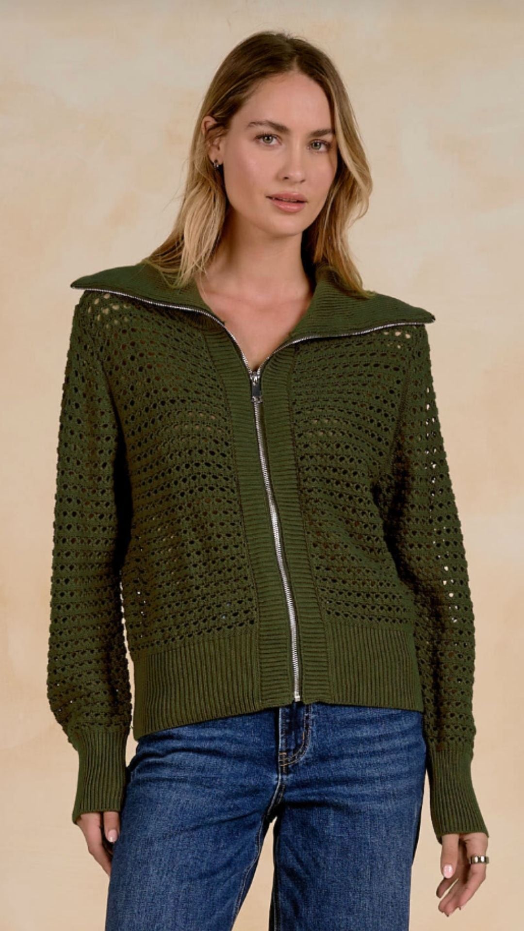 Olive Open Knit Zip Up Cardigan