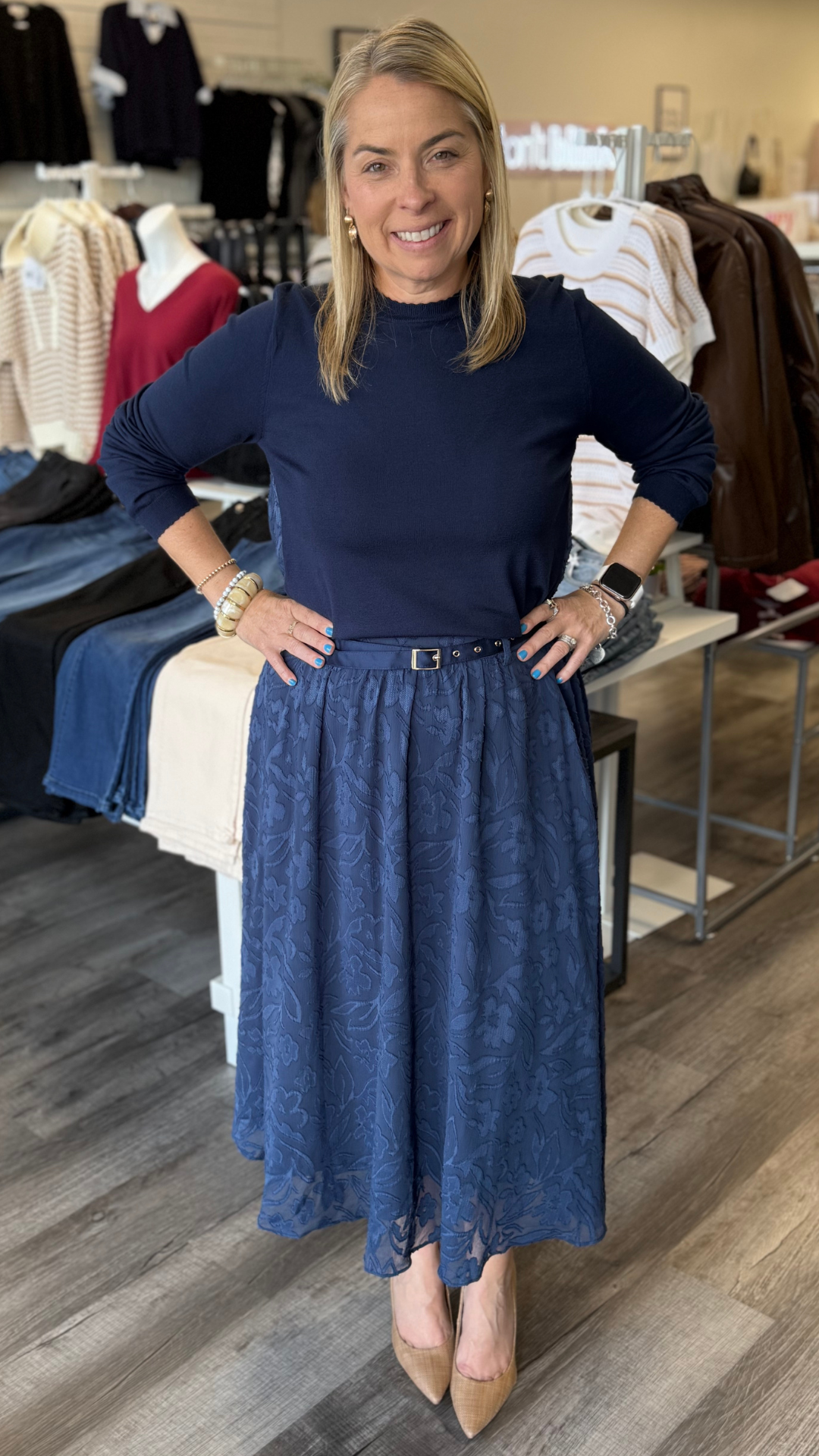 Floral Textured A Line Skirt With Belt