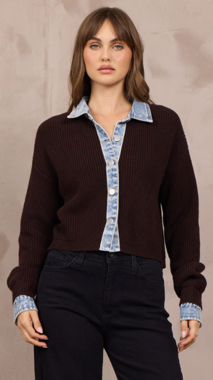 Chocolate Button Front Cardigan With Denim Collar