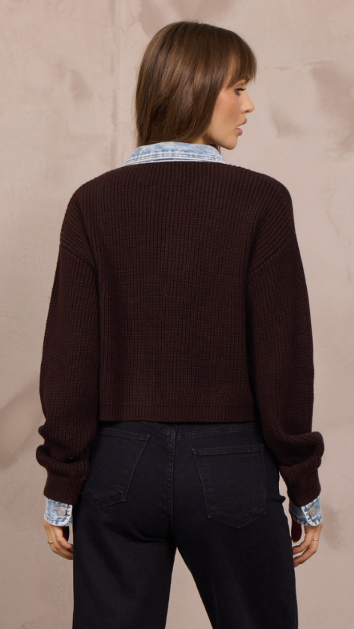 Chocolate Button Front Cardigan With Denim Collar