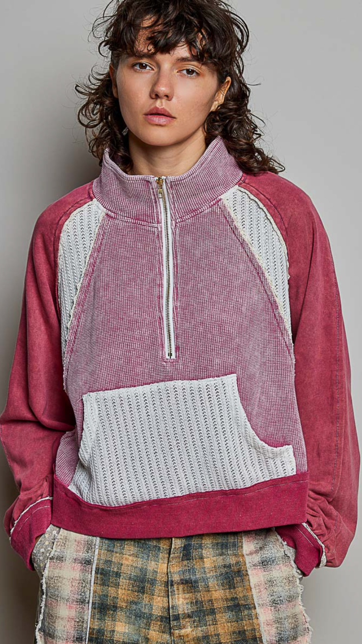 Dried Rose Vintage Wash Soft Contrast Knit Panel Quarter Zip Pullover