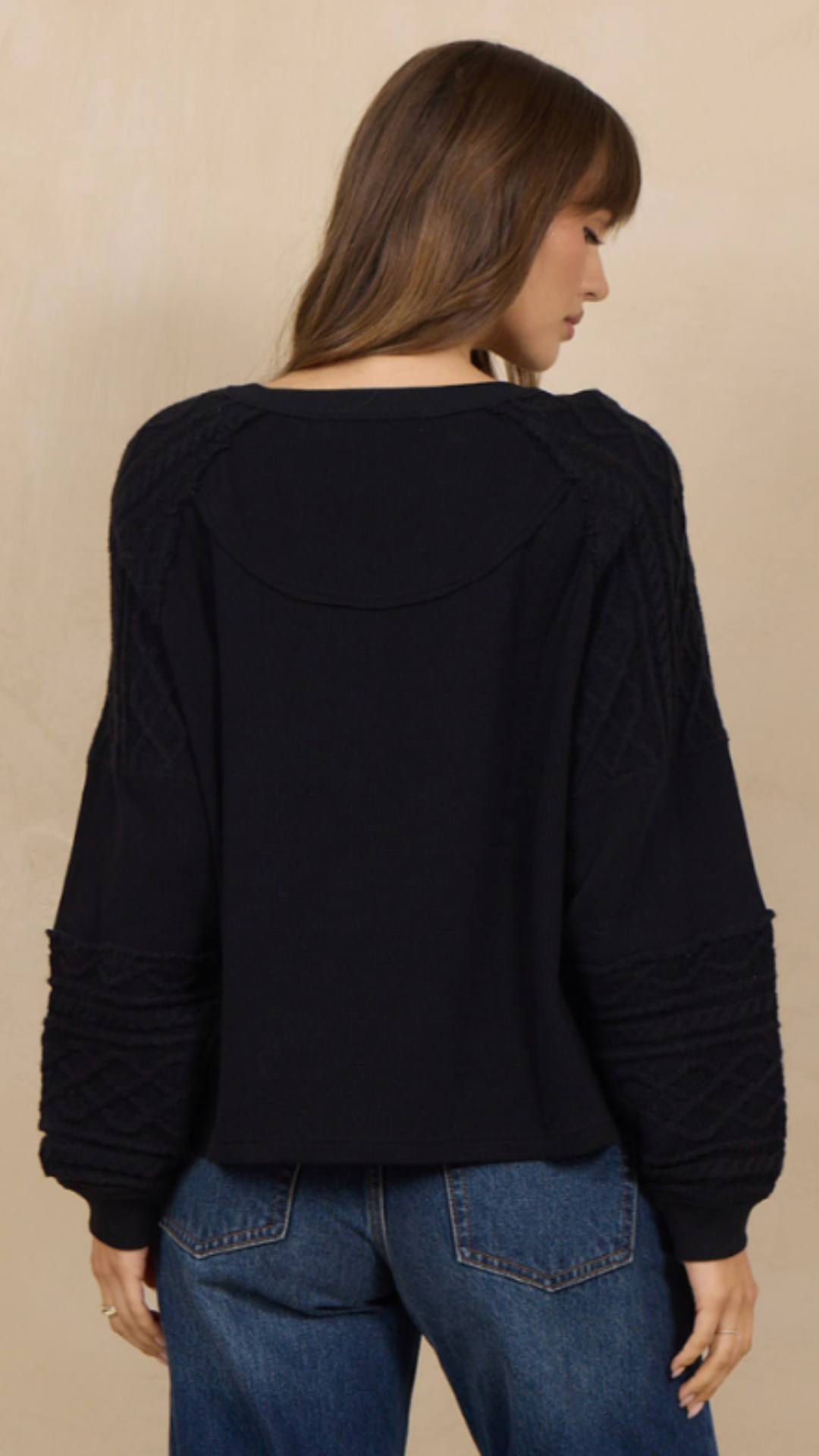 Black Waffle Knit Henley Top