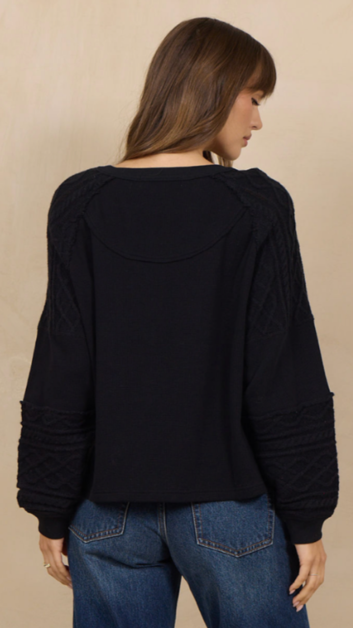 Black Waffle Knit Henley Top