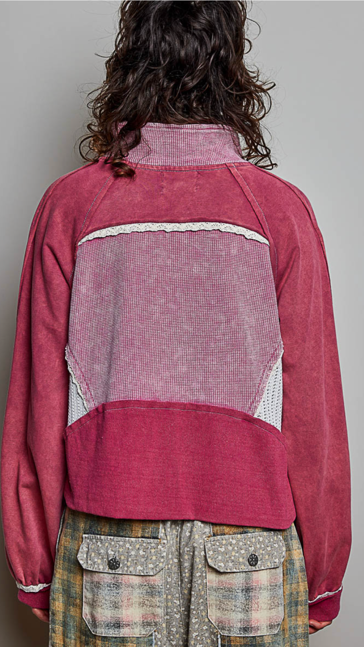 Dried Rose Vintage Wash Soft Contrast Knit Panel Quarter Zip Pullover
