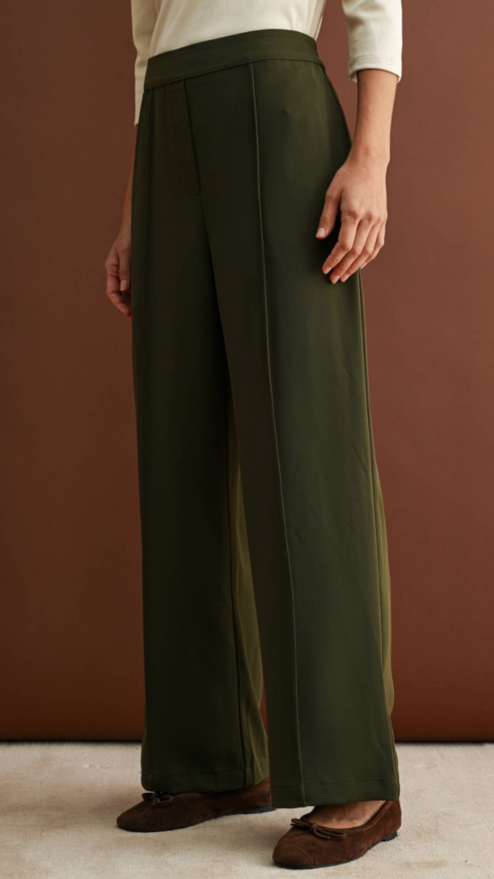Olive Pintuck Elastic Waist Pants