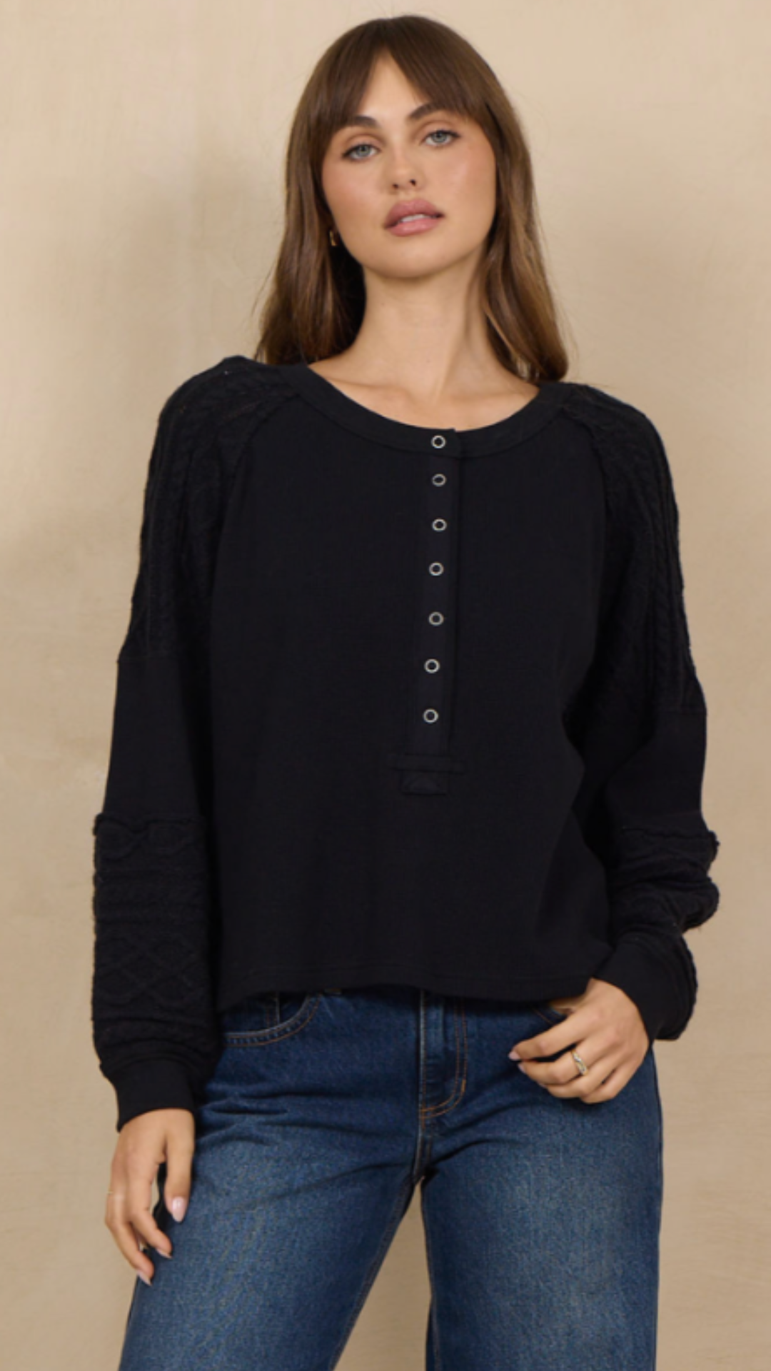 Black Waffle Knit Henley Top